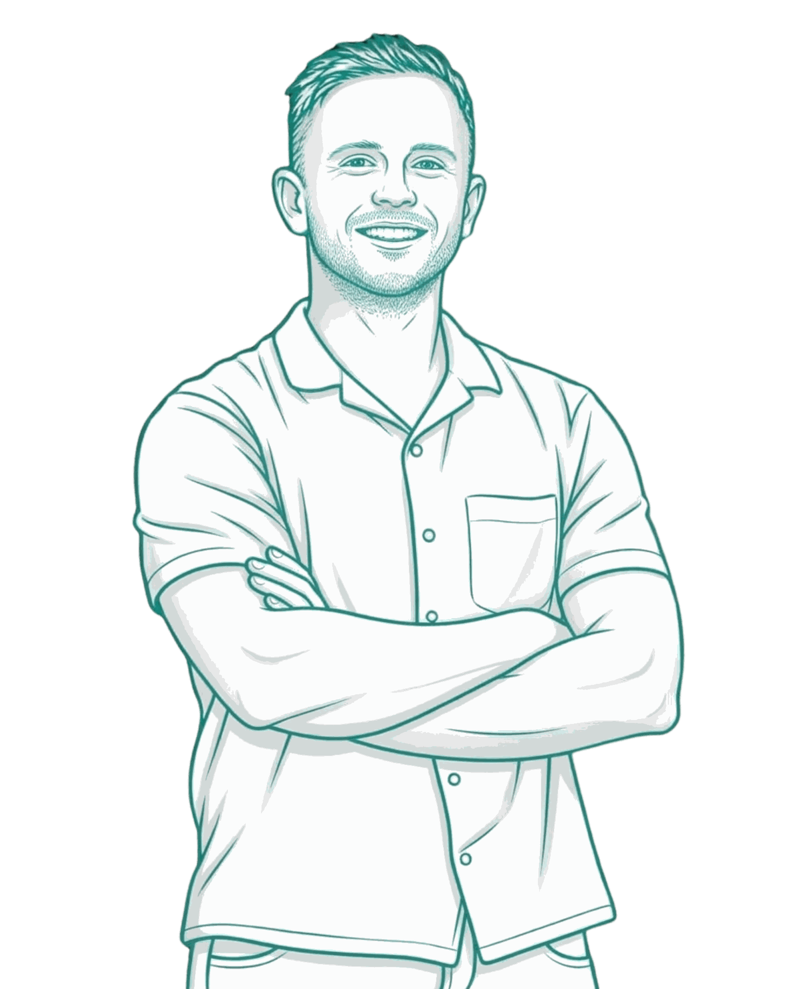 Matt Travers, drawn as a single teal line, arms crossed